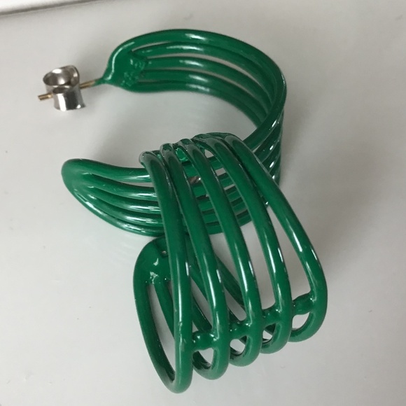 Vintage 1980s Hoop Earrings Pierced Green Retro Disco - Picture 8 of 16